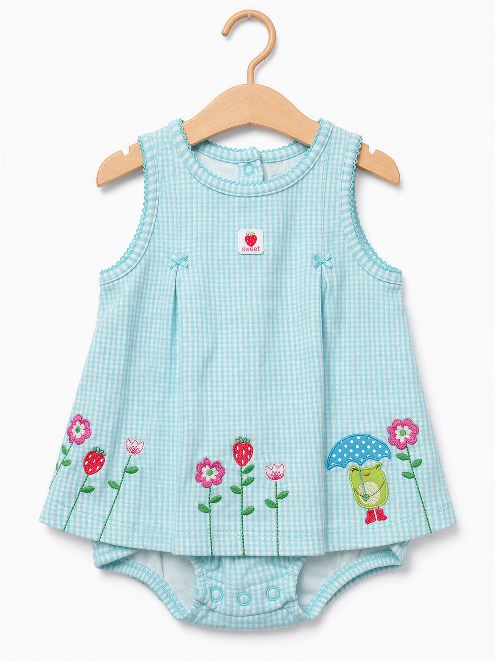 Vintage Y2K Carter's Aqua Gingham Strawberry Frog Bubble Romper Bloomer Set 12M